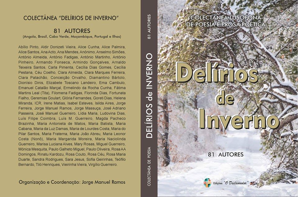 Capa e contra capa do livro 'Delírios de Inverno - Colectânea lusófona de Poesia e Prosa Poética' de 81 autores